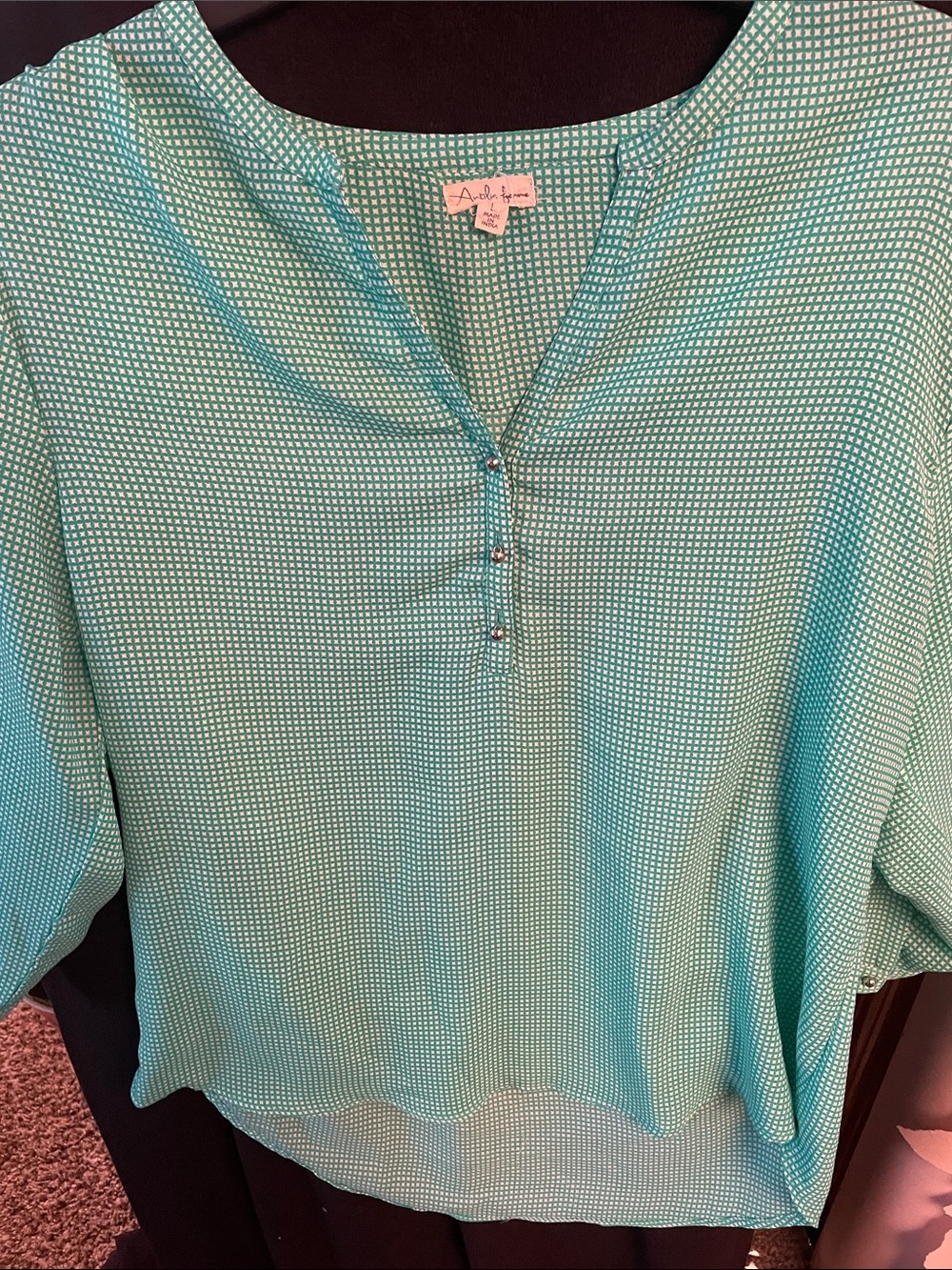 Green Microdot Henley Blouse